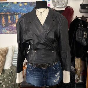 Split End Ltd Vintage 80s Leather Jacket Waist Cinch Shoulder Pads M